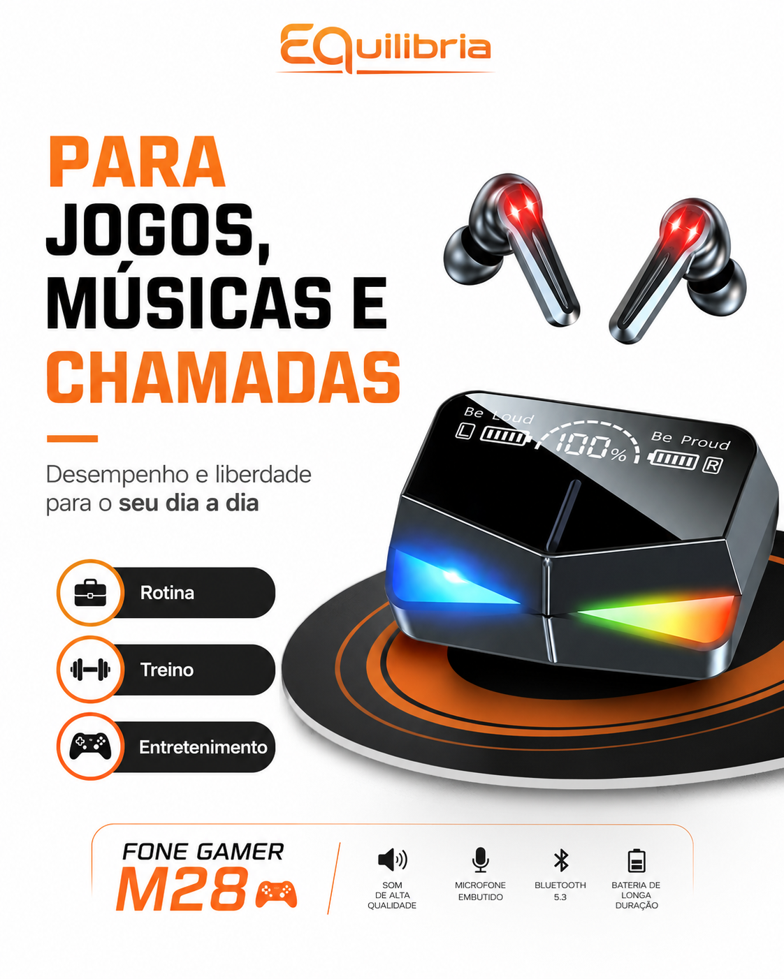 Fone Gamer Bluetooth M28 com LED RGB, display digital, Bluetooth 5.3 e microfone integrado